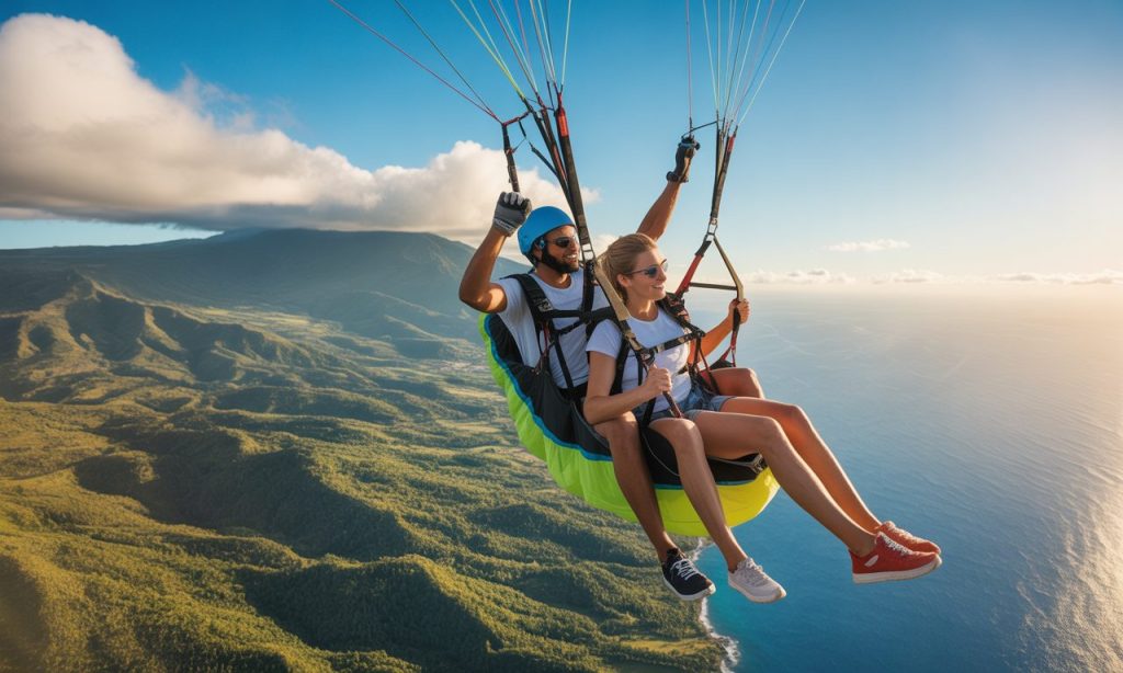 découvrez l’expérience unique du parapente en tandem à saint-leu, réunion avec adrenaline parapente. volez en toute sécurité et admirez des paysages à couper le souffle avec nos moniteurs expérimentés.